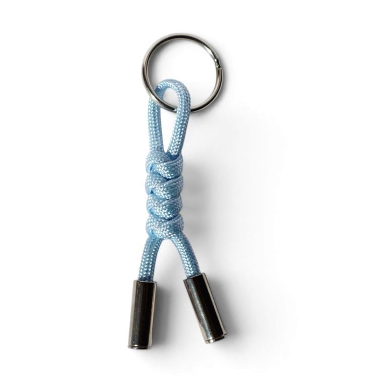 Light blue paracord zipper pull with a silver ring